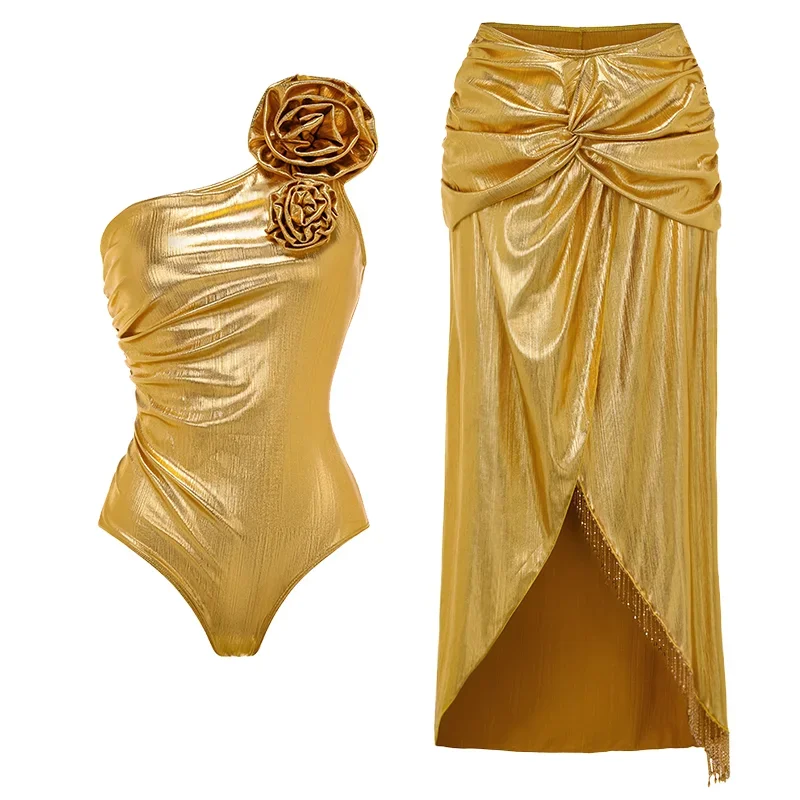 2024 Women 3D Flower Golden Fabric One Piece Swimsuit and Skirt Set Swimwear Summer Bathing Suit