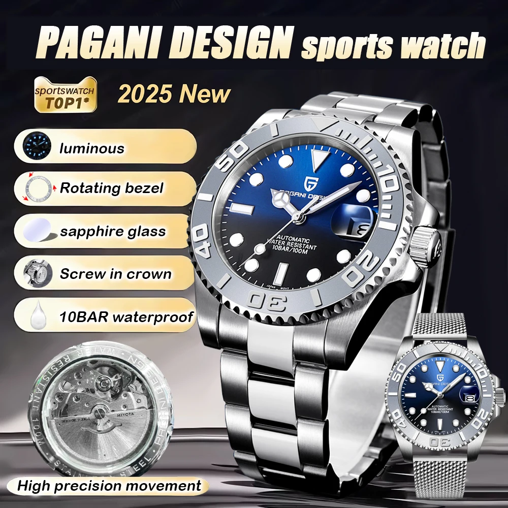

PAGANI DESIGN 2021, спортивные стильные часы из нержавеющей стали, механические автоматические часы, водонепроницаемые часы с вращающимся внешним кольцом для мужчин