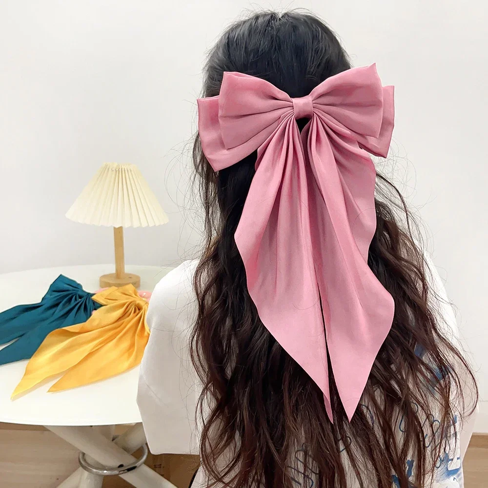 Pinza de pelo de cinta de lazo elegante para niña, pasador de pelo de Primavera de satén sólido Simple, diadema Retro con Clips, accesorios para el cabello