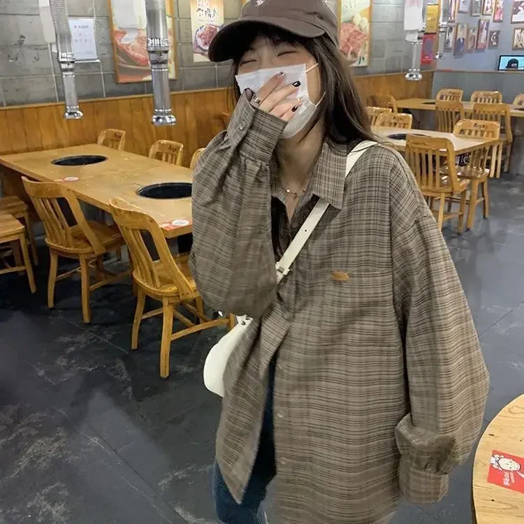 

Vintage Design Sense Button-Up Top for Ladies New Women's Loose Casual Plaid Shirt JacketLuxury Mocha Pattern