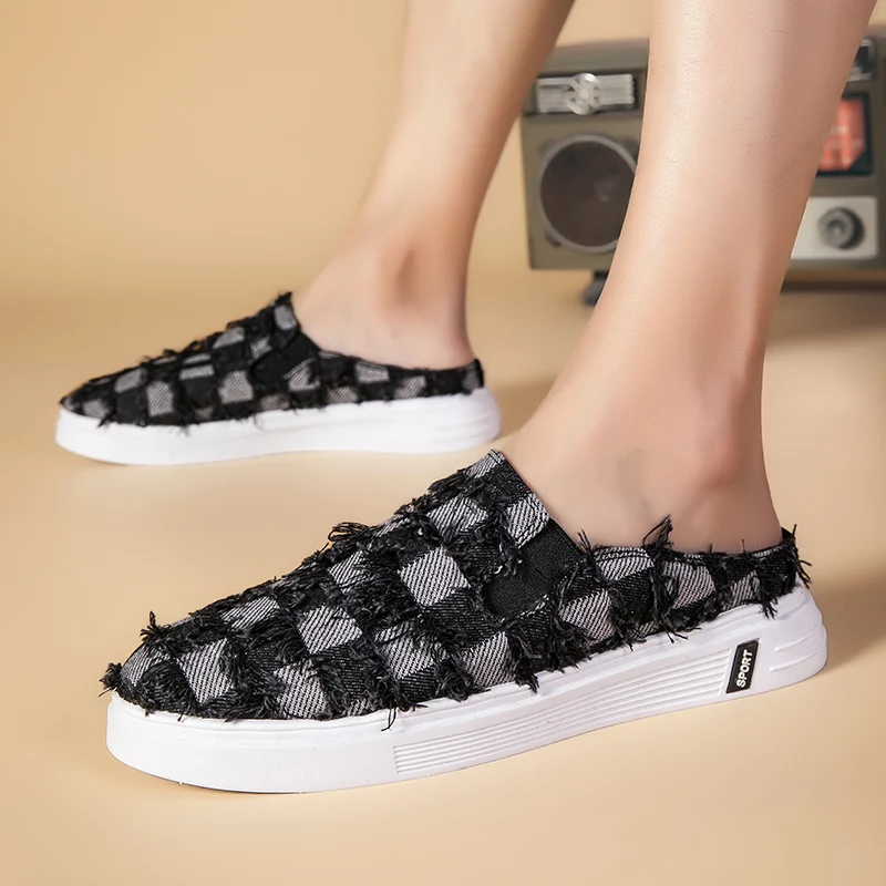 

Casual Men's Slides Canvas Summer Flip Flops Slippers Walks Sports Sandals Comfortable Baotou Half Slipper Home Beach Plus Size