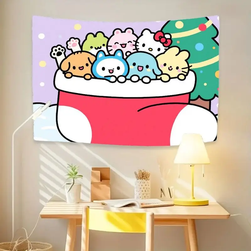 1PC 헬로 키티 & 친구 Kawaii 크리스마스 스타킹 태피스트리 휴일 벽 예술 귀여운 만화 폴리 에스터 홈 장식 거실 침실