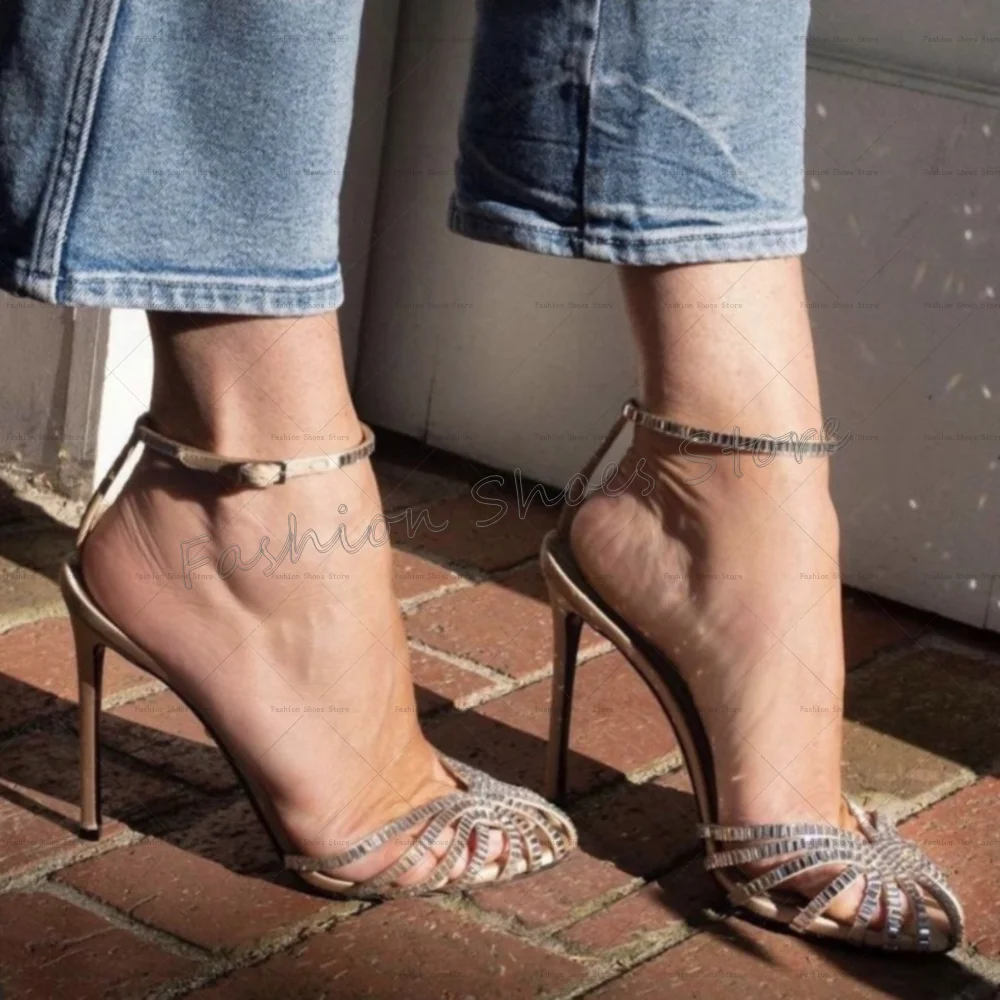 

Gold Hollow Out Buckle Strap Sandals Round Toe Women Shoes Stilettos High Heels Party Banquet Dating 2025 Zapatos Para Mujere