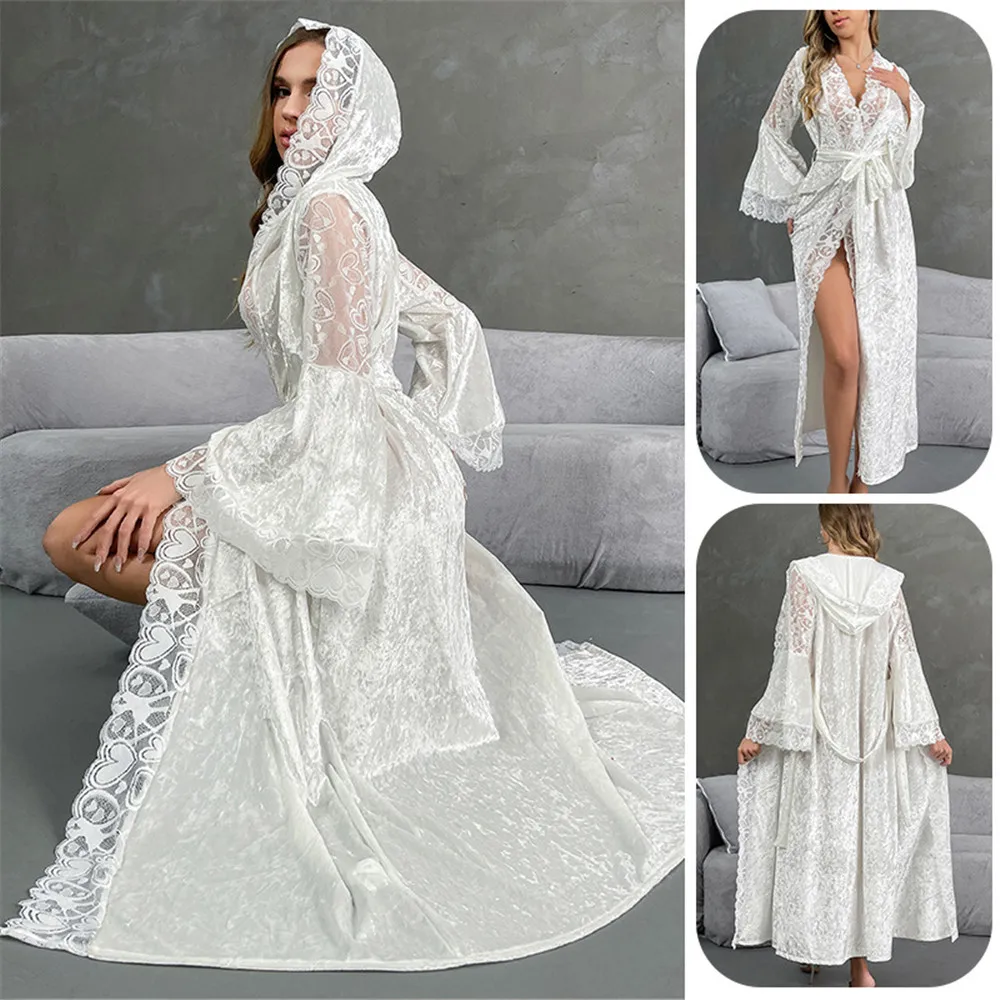 

White Lace Trim Velvet Long Wedding Robe Sexy Hooded Bathrobe Autumn Gold Velour Women Sleepwear Home Dress