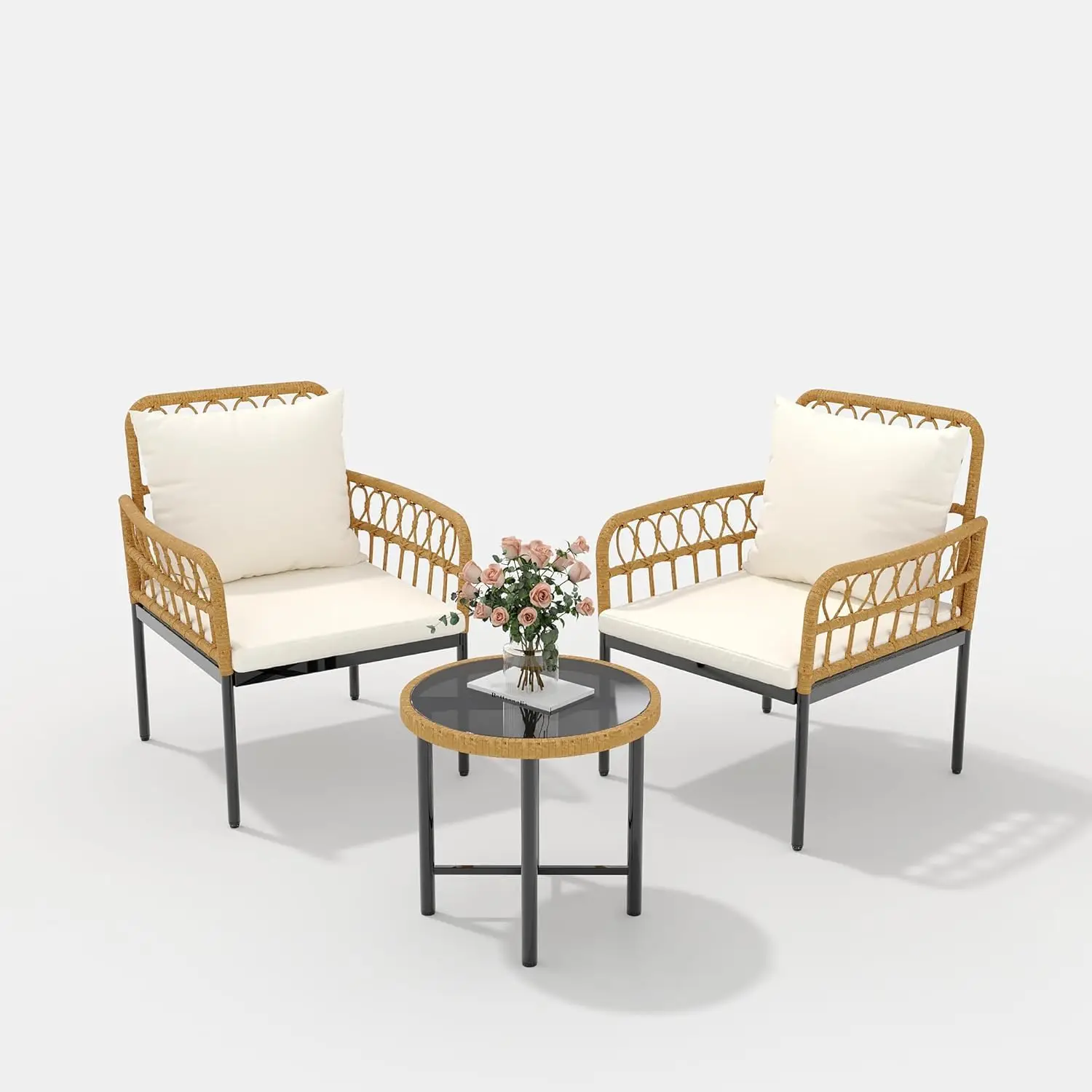 3-Piece Wicker Rattan Patio Bistro Set with Glass Table & Thick Cushions for Balcony Garden Backyard Poolside, Customized