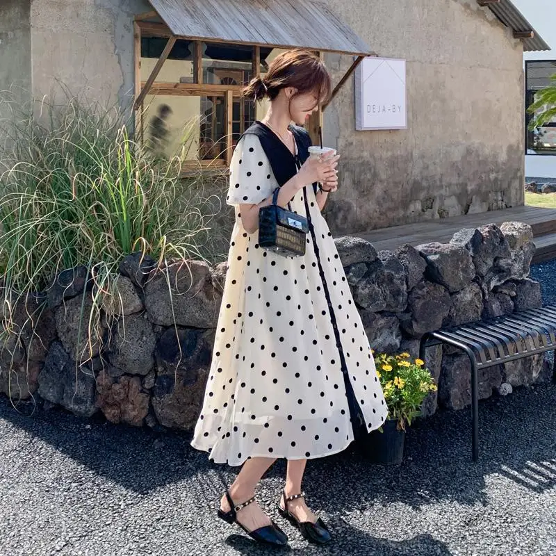 Women 2023 Summer Dress Large Doll Neck Polka Dot Temperament Gentle Reducing Age Covering Belly French A-line Skirt