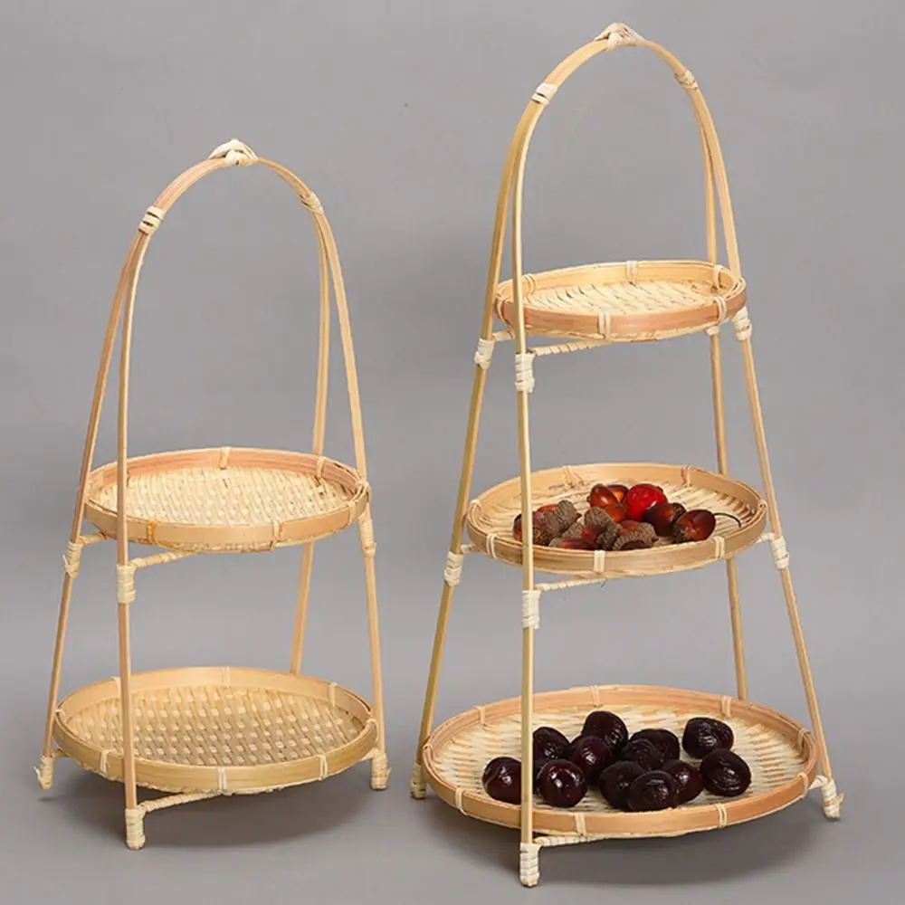 1/2/3 Layer Handwoven Fruit Basket Food Basket Decorative Standing Tray Bamboo Serving Tray Bamboo Storage Basket for Kitchen