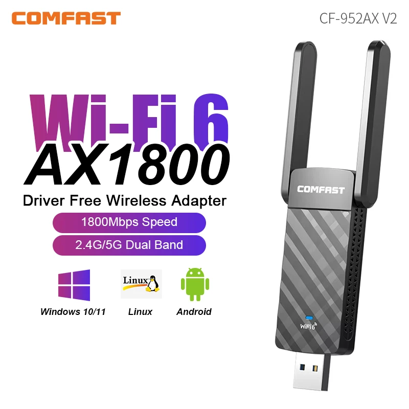 

Comfast WiFi6 AX USB Adapter 1800Mbps 2.4G&5G Dual Band USB 3.0 WiFi 6 Wireless Network Card PC Transmitter Receiver Win10/11