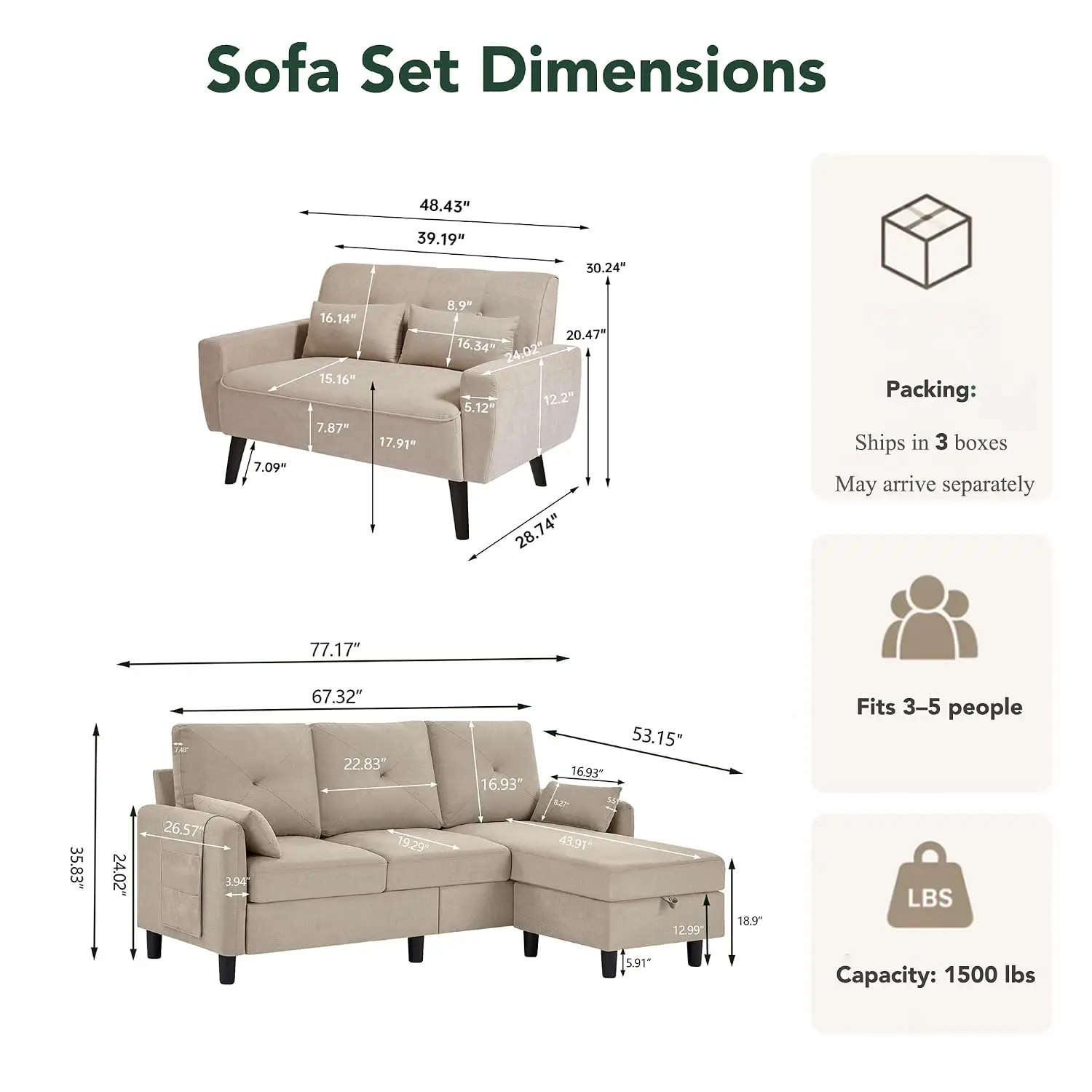 Convertible Sectional Sofa Set, Small L Shaped 3 Seat Couch with Ottoman and Loveseat, Modern Sofa Couches for, Customized