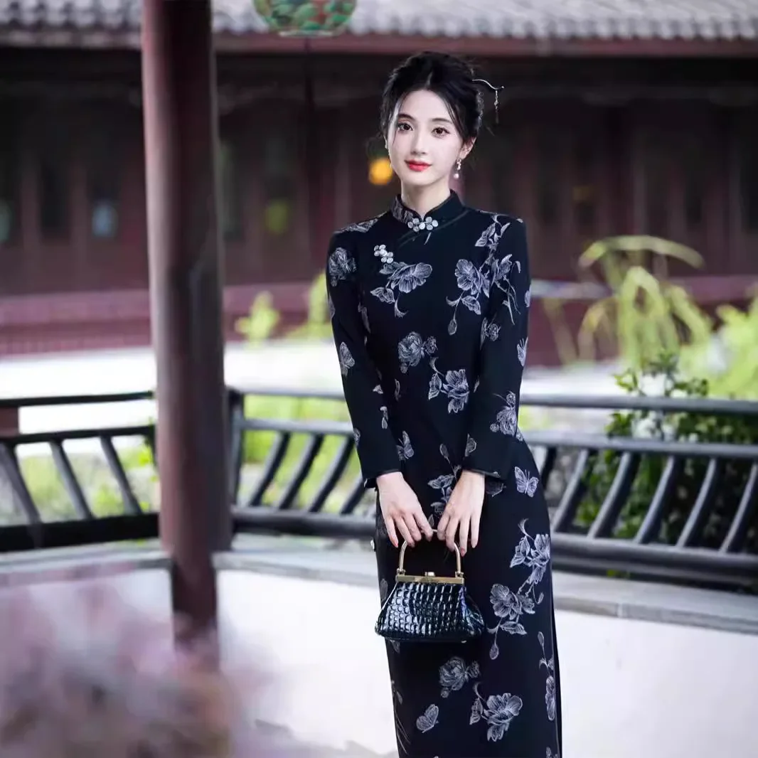 Print Flower Mandarin Collar Cheongsam Black Elegant Gentle Qipao Sexy Split Vestidos Oriental Bride Wedding Dresses Party Gown