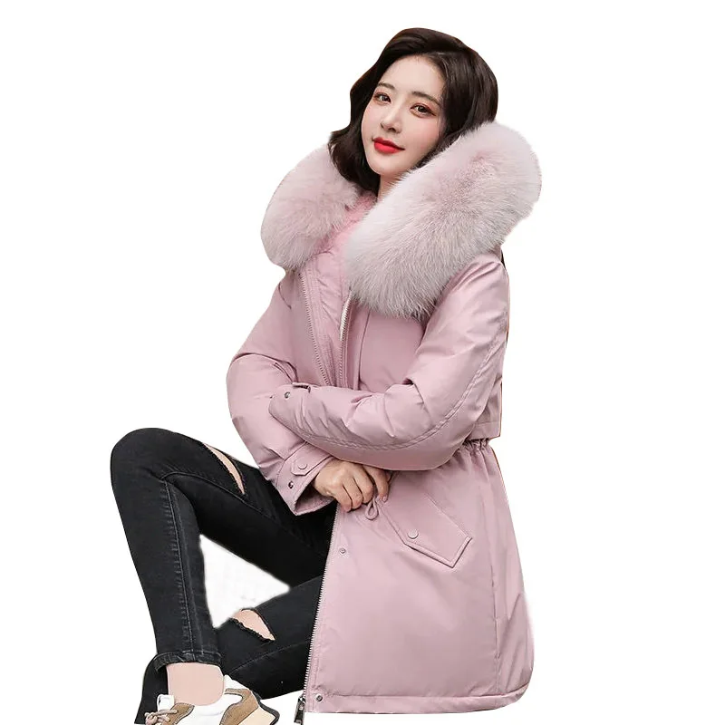 Parka caldo da donna invernale nuovo 2023 moda cappotto lungo fodera in lana Parka con cappuccio giacca con collo in pelliccia sottile abbigliamento