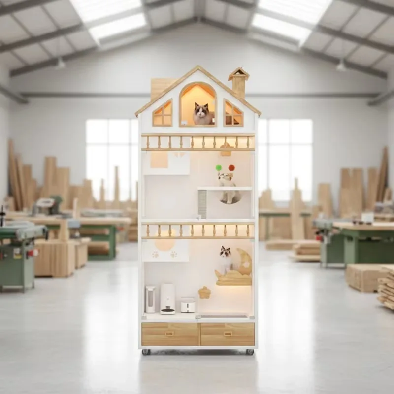 Modern Luxury Collapsible Extra Large Wooden Cat Villa with Glass Door Breathable Eco-Friendly Animal Pattern Pet House