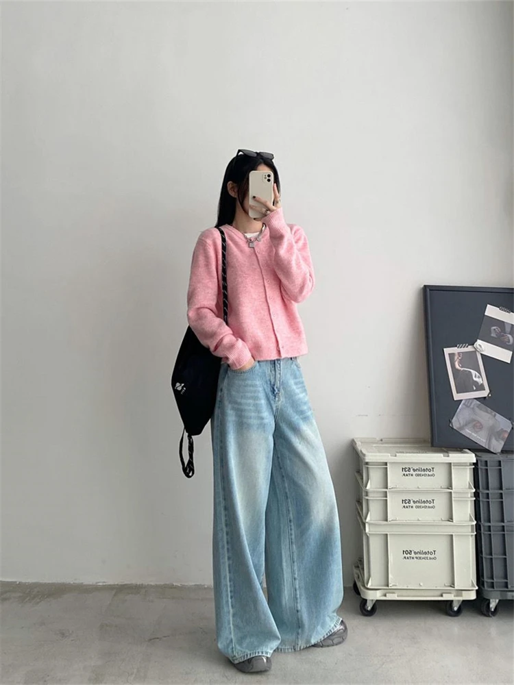 Women's Polish White Scratch Pattern Light Blue Wide Leg Jeans Cool Girl Fashion Straight Denim Trousers Female High Waist Pants