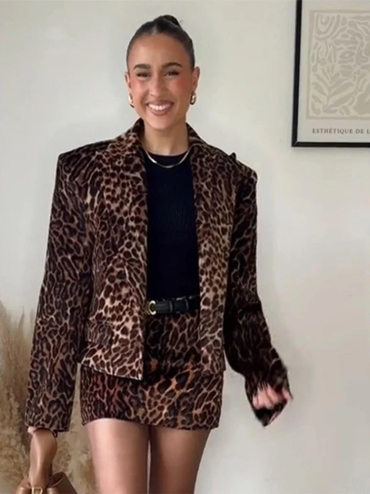 

Leopard Printed Women Coat Skirt Suit Lapel One Button Crop Top A Line Mini Skirts Autumn Winter Vintage Lady Two Piece Set