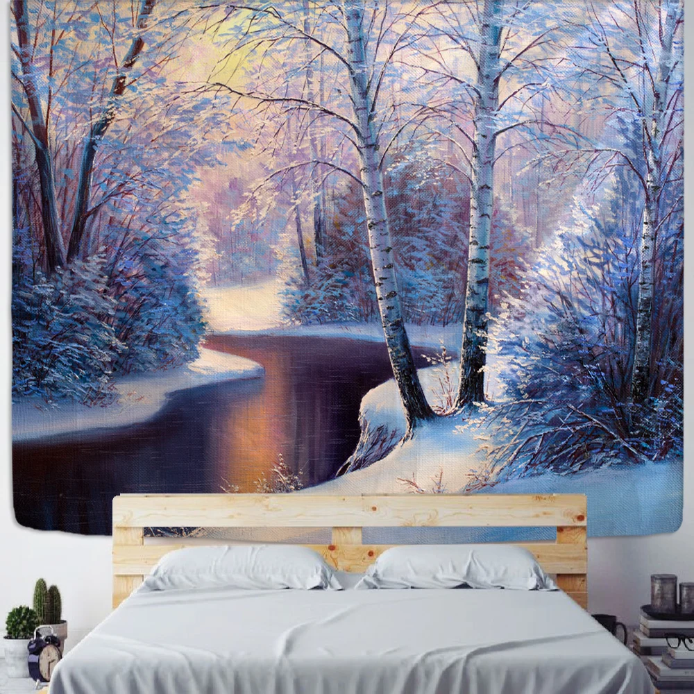 Escena de nieve navideña para colgar en la pared, tapiz artístico de árbol, hippie bohemio, decoración del hogar