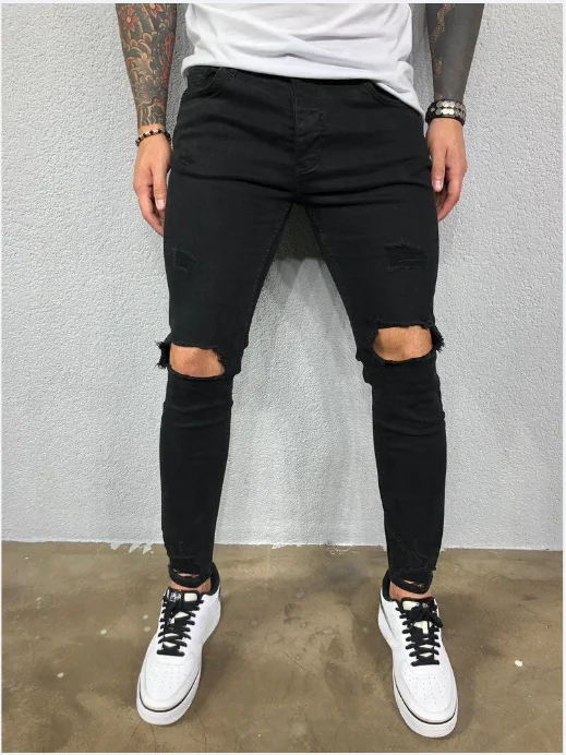 

Men Jeans Knee Hole Ripped Stretch Skinny Denim Pants Solid Color Black Blue Autumn Summer Hip-Hop Style Slim Fit Trousers S-3XL