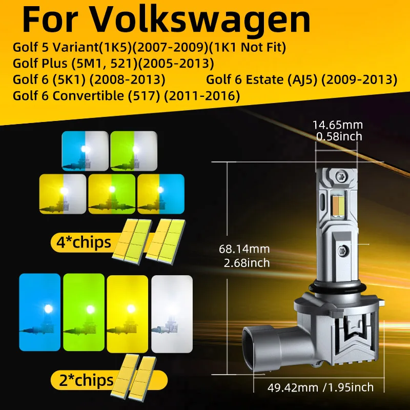 2xCar LED Front Fog Lights Lamps Bulbs Dual Colors Switchback For Volkswagen VW Golf 5 6 2009 2010 2011 2012 2013 2014 2015 2016