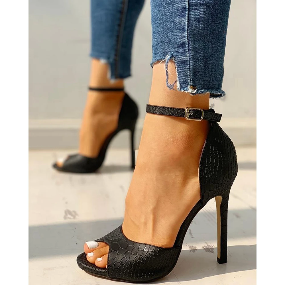 

Fashion Women Snake Skin Pattern Peep Toe Cover Heeled Buckle Strap Pumps Pu Sandals Female Thin High Heel Party Summer Shoes