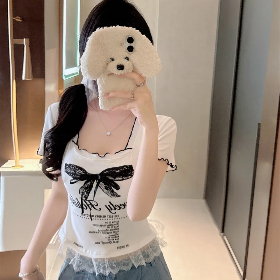 Summer New Sweet And Spicy  Knot Print Lace Splice Short Sleeve T-Shirt Women's Slim Fit Fixed Band Chest Pad Top