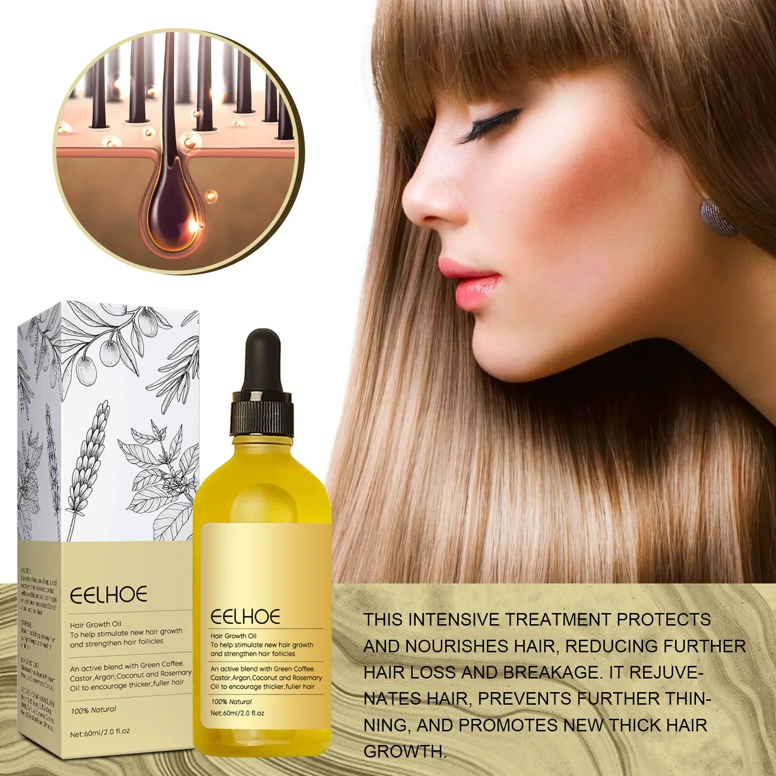 Óleo natural do crescimento do cabelo para o crescimento do cabelo, óleo essencial para a perda de cabelo, anti perda de cabelo, nutrição, cabelo alecrim liso