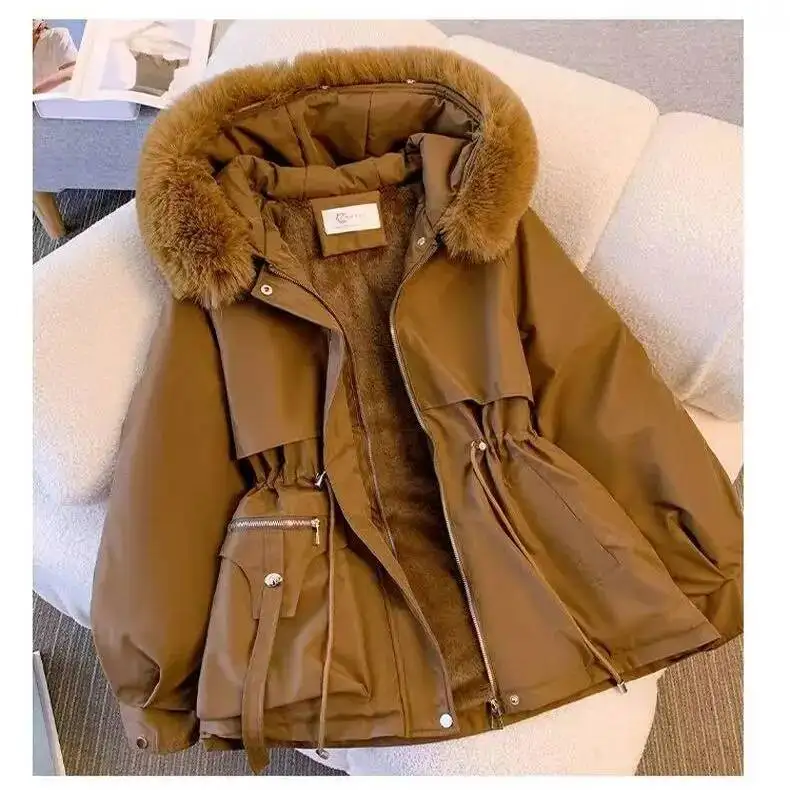 Short Parka Coat Women 2026 - Korean Style Faux Fur Hooded Jacket, Slim Fit Waist Belted Winter Coat, Fleece Lined Warm Parka