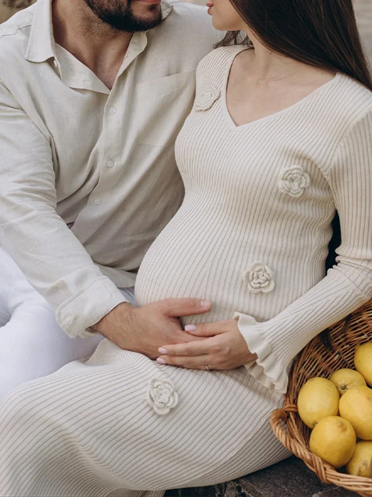 فستان حمل التقطت الصور العاج متماسكة الرجعية الخامس الرقبة جرس كم ثلاثية الأبعاد الأزهار الحمل ثوب طويل الأكمام فستان الحمل التصوير #5