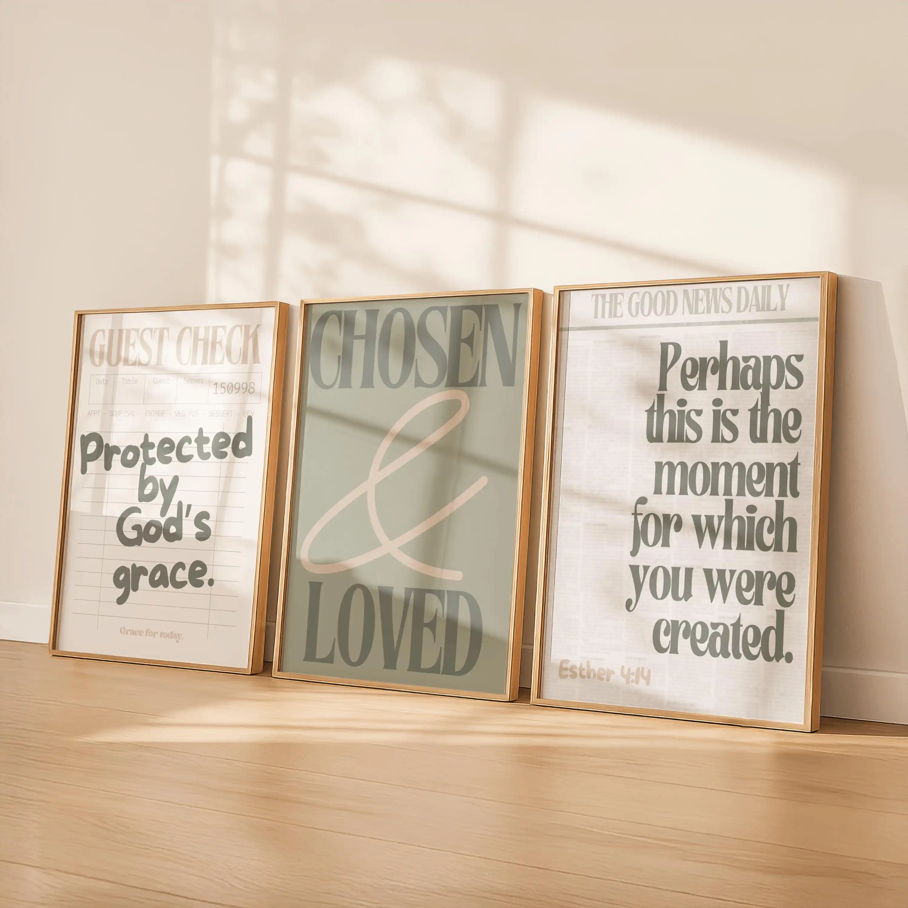 3pcs frameless Canvas Painting Christian Wall Art Set of 3 Green Bible Verse Prints Neutral Christian Decor Protected By God’s G