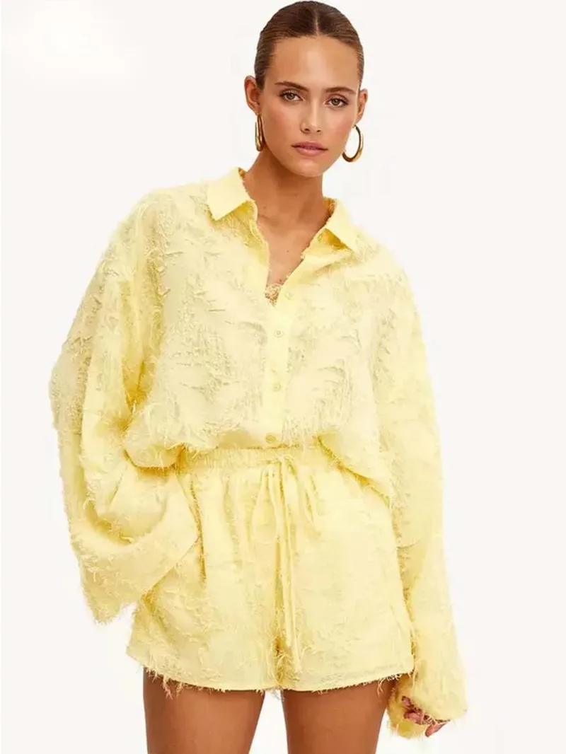 

Elegant Yellow Feather Women 2 Piece Set Outfit Fashion Long Sleeve Button Shirts And Drawstring Shorts Sets Streetwear BC53
