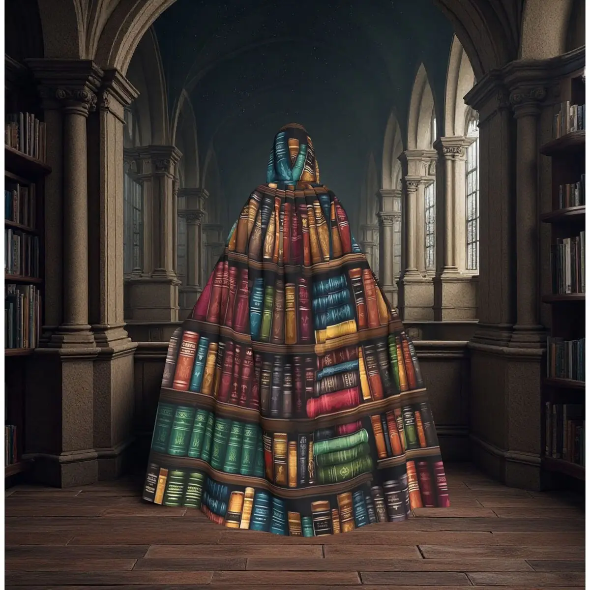 

Vintage Bookshelf Library Book Themed Long Hooded Cloak Witch Medieval Costume Cosplay Cape HalloweenParty Adult Unisex