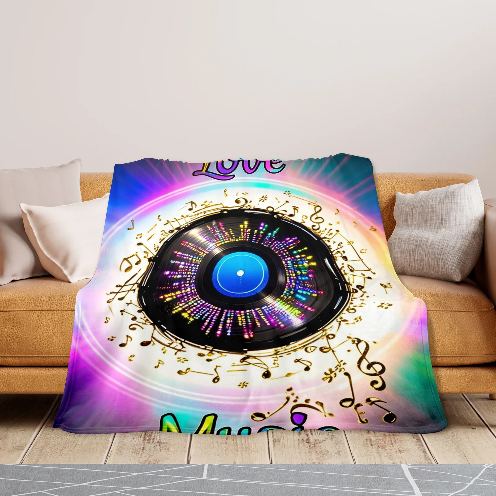 Coperta arcobaleno in vinile con design di note musicali e tessuto circostante per l'arredamento della stanza vibrante e artistico in stile estetico