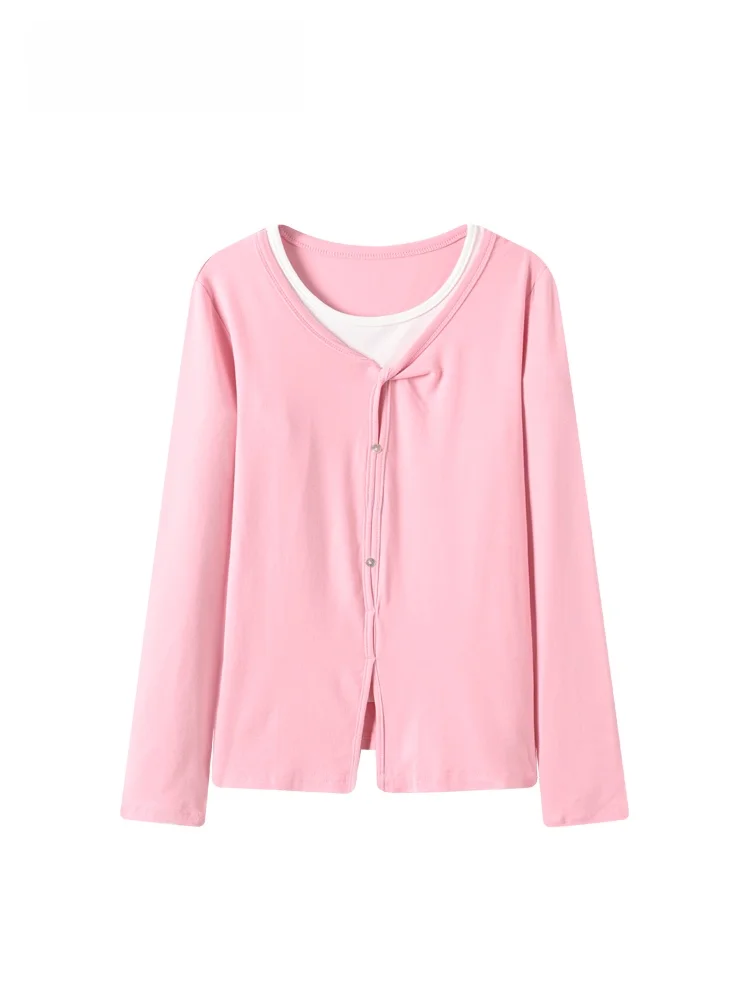 

Faionable plus Size Long Sve T-irt Women's Spring New Sle Cara CLUB Big Size Fake Two-Piece Top Trendy And Sli