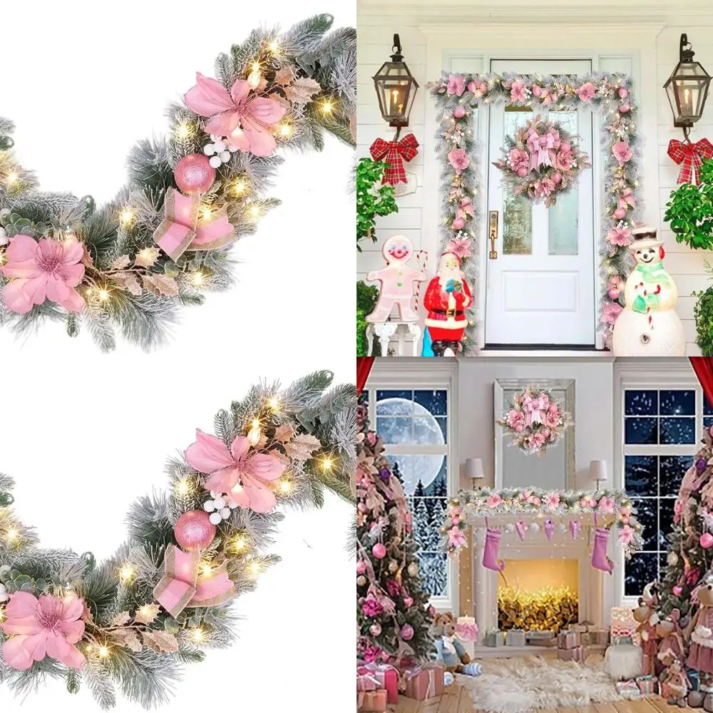 

30-LED Pink Christmas Garland with Timer, 6 Feet Snowy Decor for Front Door, Mantel, Staircase, and Fireplace
