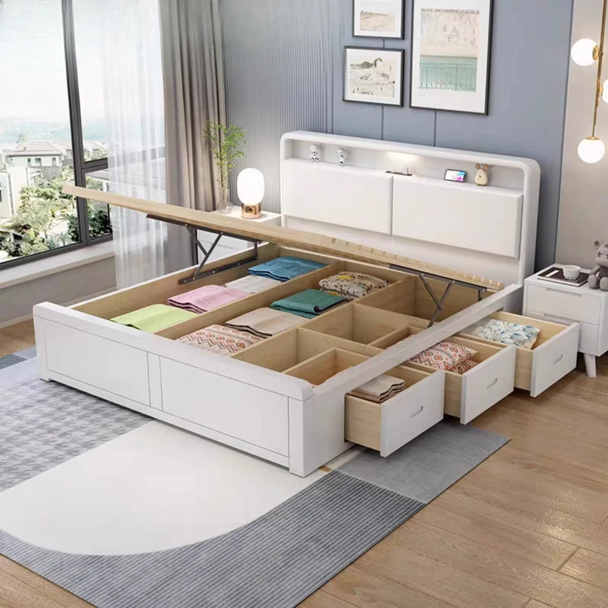 All solid wood Nordic white 1.8 meters box air pressure storage bed 1.5 * 1.9 small apartment 1.35