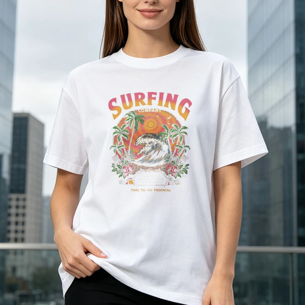 Surfing Time To Go Tropical Graphic Tee Retro Wave Palm Tree Ocean Lover Men Women Fashion Top Unisex Cotton Short-sleeve Tee