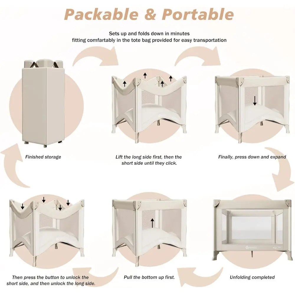 سرير سفر مدمج للأطفال مع مرتبة وشبكة - روضة أطفال خفيفة الوزن قابلة للطي للرضع والأطفال الصغار (كاكي) #4