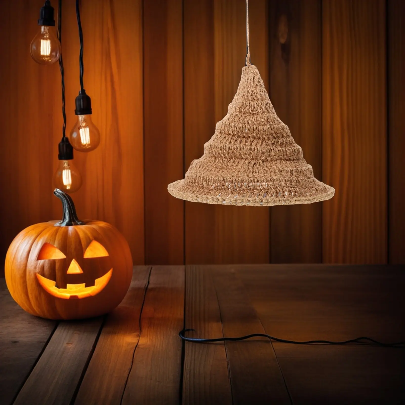 Woven Pendant Lamp Shade Handwoven Jute Rope Wizard Hat Shape Natural Macrame Light Fixture for Cafe Restaurant Farmhouse Living