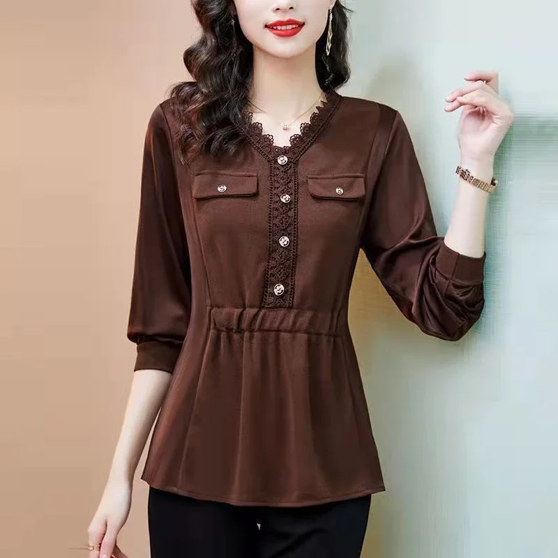 Autumn Elegant Fashion Commute Office Lady Formal Vintage Shirt Women V Neck Three Quarters Sleeve Button Pocket Lace Slim Top