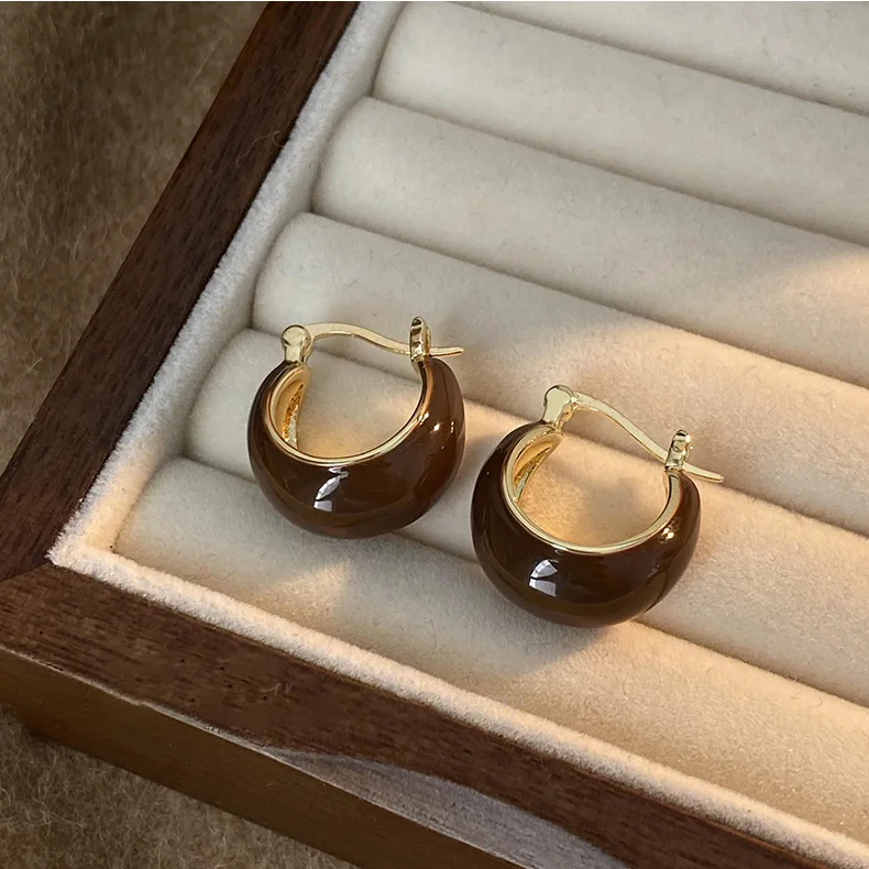 Gold Plating Dripping Coffee Color Tiger\'s-eye Stone Round U-shaped Hoop Earrings Women Vintage Ear Buckles Fashion Jewelry K-