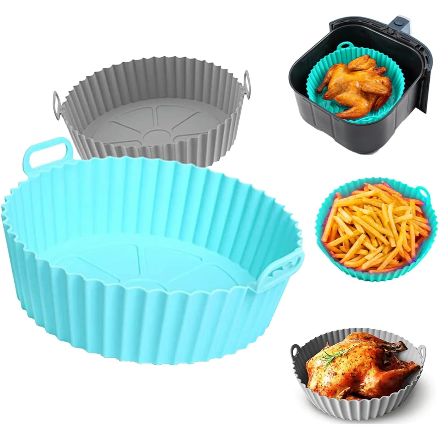 Pack of 2, 8 Inch Silicone Air Fryer Liners, Upto 450° Heat Resistant with Handles for Easy Carry, Reusable Silicone Air Fryer