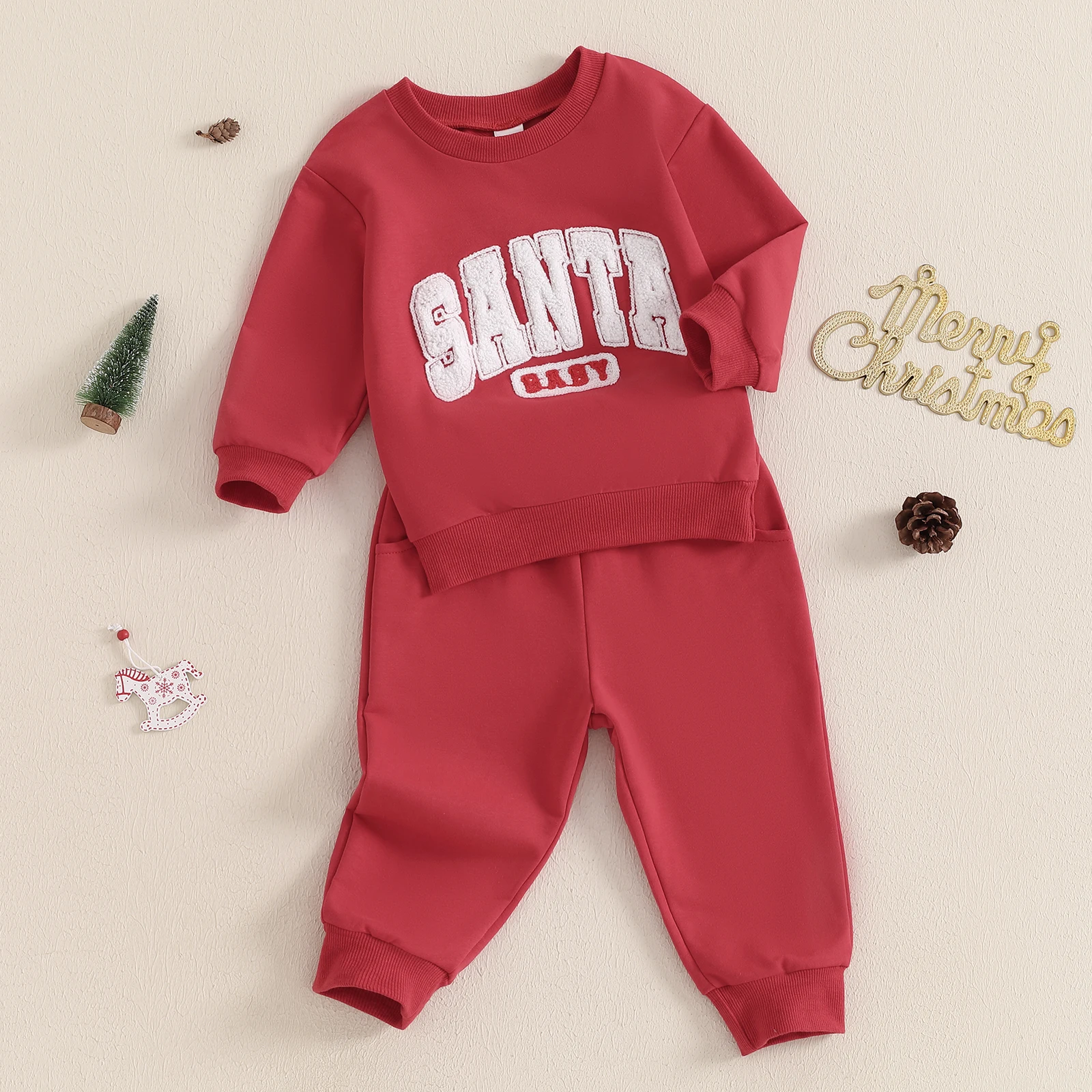 BeQeuewll Baby Girls Boys Clothes for Christmas Winter Toddler Infant Outfits Letter Embroidery Long Sleeve Sweatshirt Pants Set