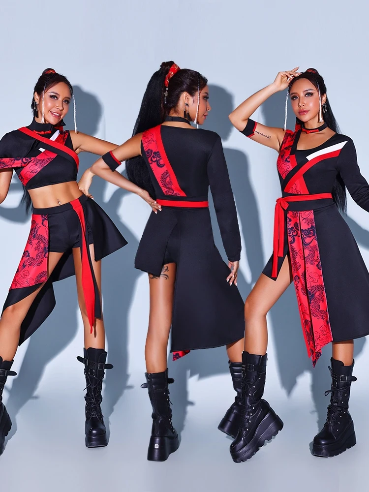 Chinese Style Jazz Dance Performance Costumes For Women Red Black Outfits Girls Group Hip Hop Dance Stage Rave Clothes DQS15234