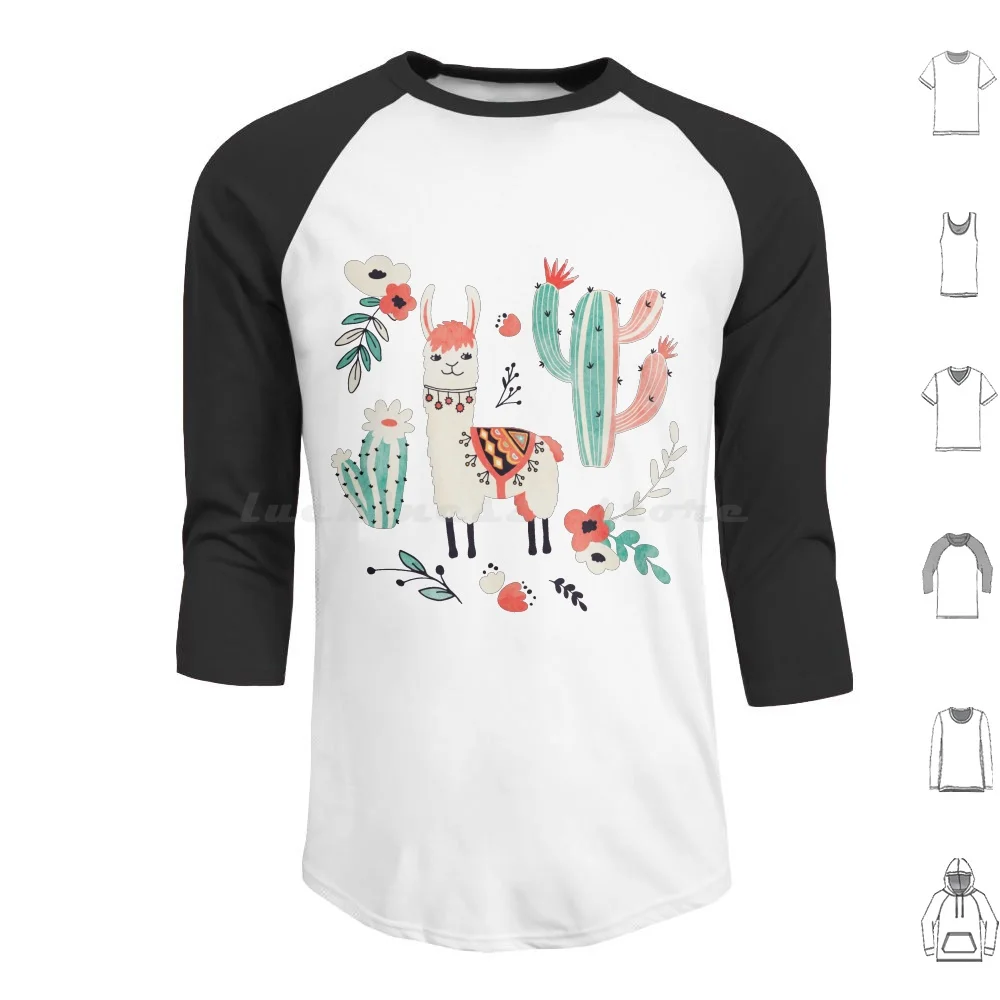 White Llama With Flowers Hoodie cotton Long Sleeve Cactus Cacti Llama Flower Whimsical Animal Aloe Desert Green Natural