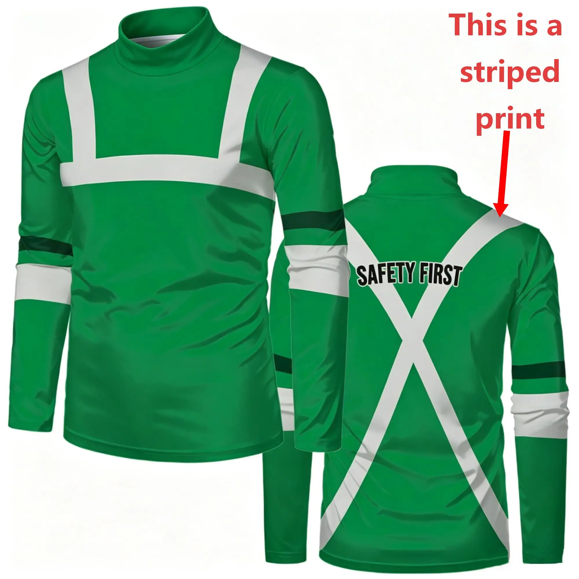 Men Mock Neck Long Sleeve T‑Shirt Fake Safety Work Vest Visual Print Safety First Letter Contrast Stripe Daily Work Casual Tops view 5