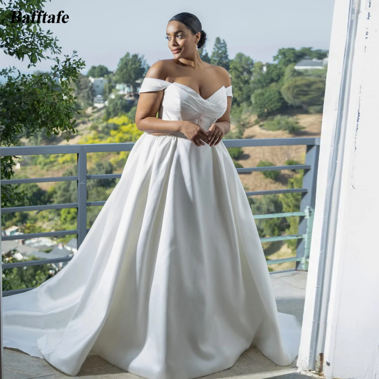 Bafftafe A Line Satin Bride Wedding Dresses Pocket Off The Shoulder Buttons Formal Party Bridal Gowns Wedding Photos Shoot Dress