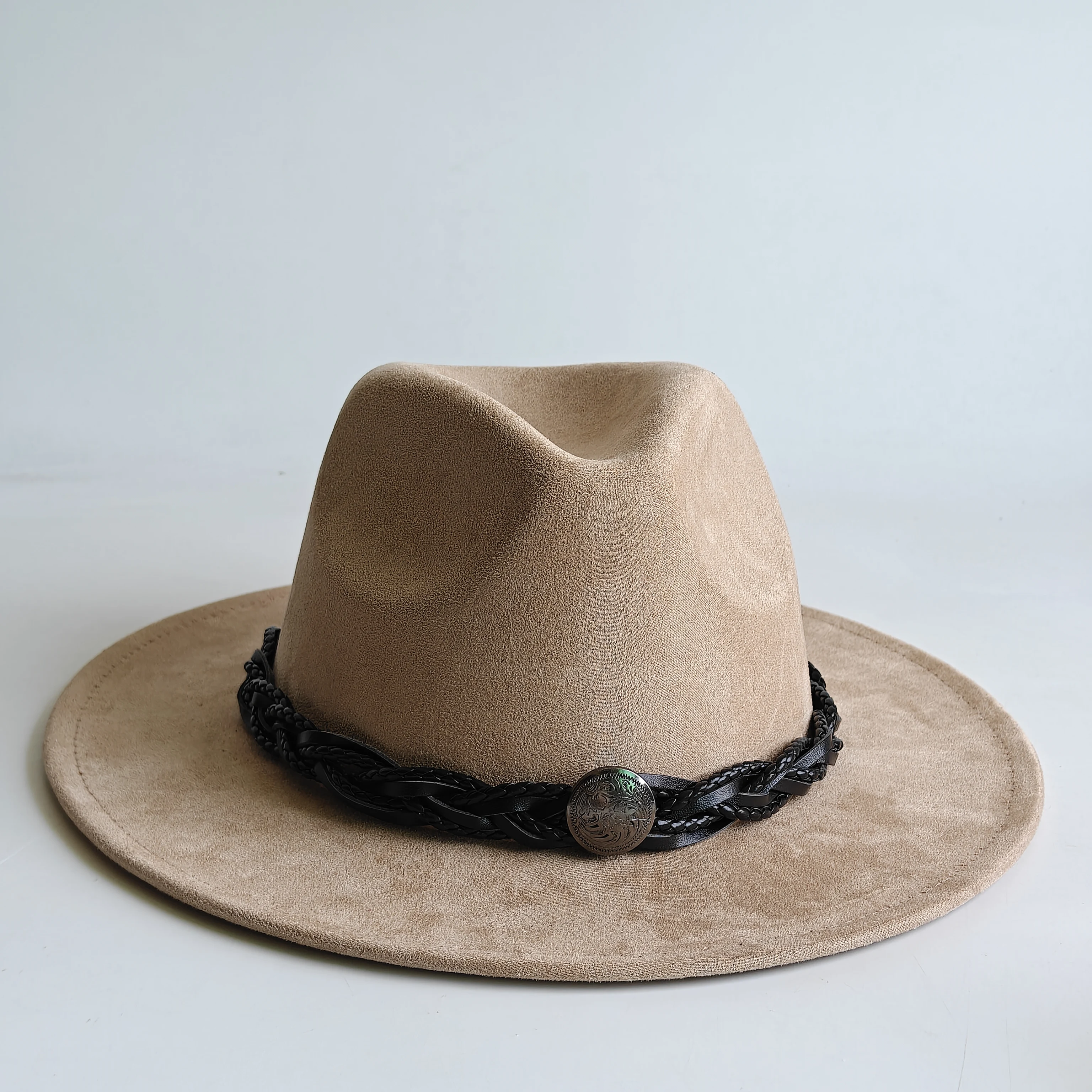 Vintage Khaki Suede Fedora Hat with Braided Leather Band Round Metal Concho Wide Flat Brim Faux Suede Jazz Hats for Women Men