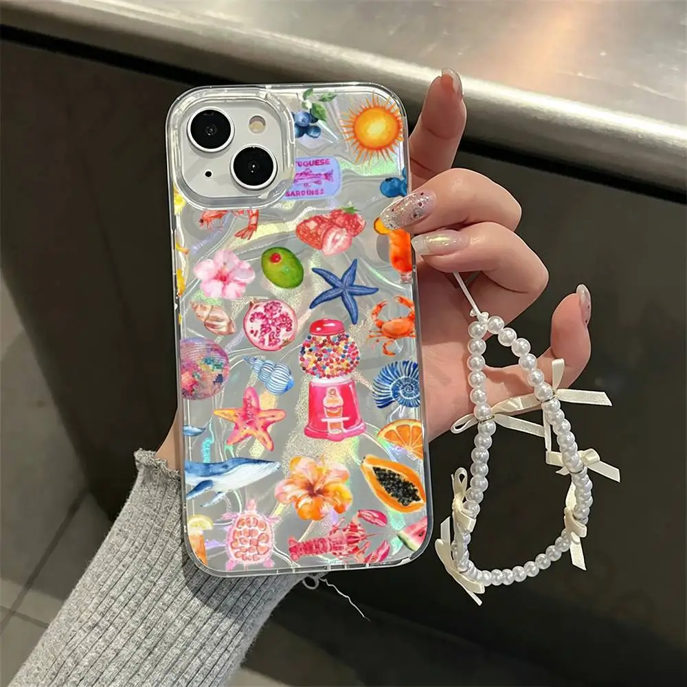 

Summer Vibe Party Clear Phone Case For iPhone 17 16 15 13 14 Pro Max 11 12 Plus Luxury Laser Silver Gradient Silicone Cover