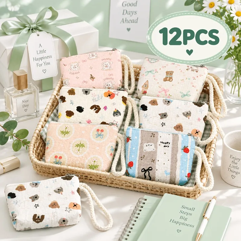 12Pcs Random Color Mini Zip Pouch Set, Cute Print Coin Purse with Wrist Strap, Small Storage Bag for Coins Keys Earphones Gift