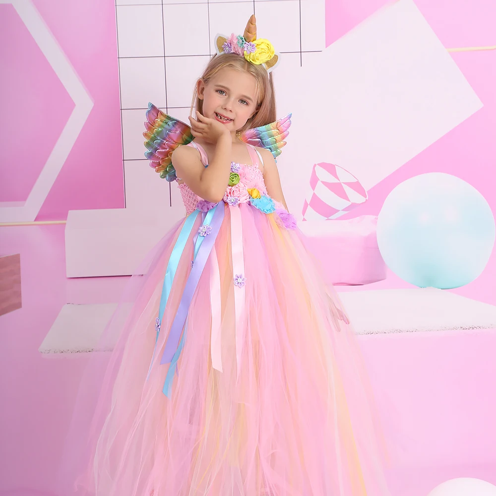 Pastel Rainbow Unicorn Dress Girl Wedding Party Dress Flower Girl Tutu Dress Baby Kids Birthday Dress for Girls Carnival Costume