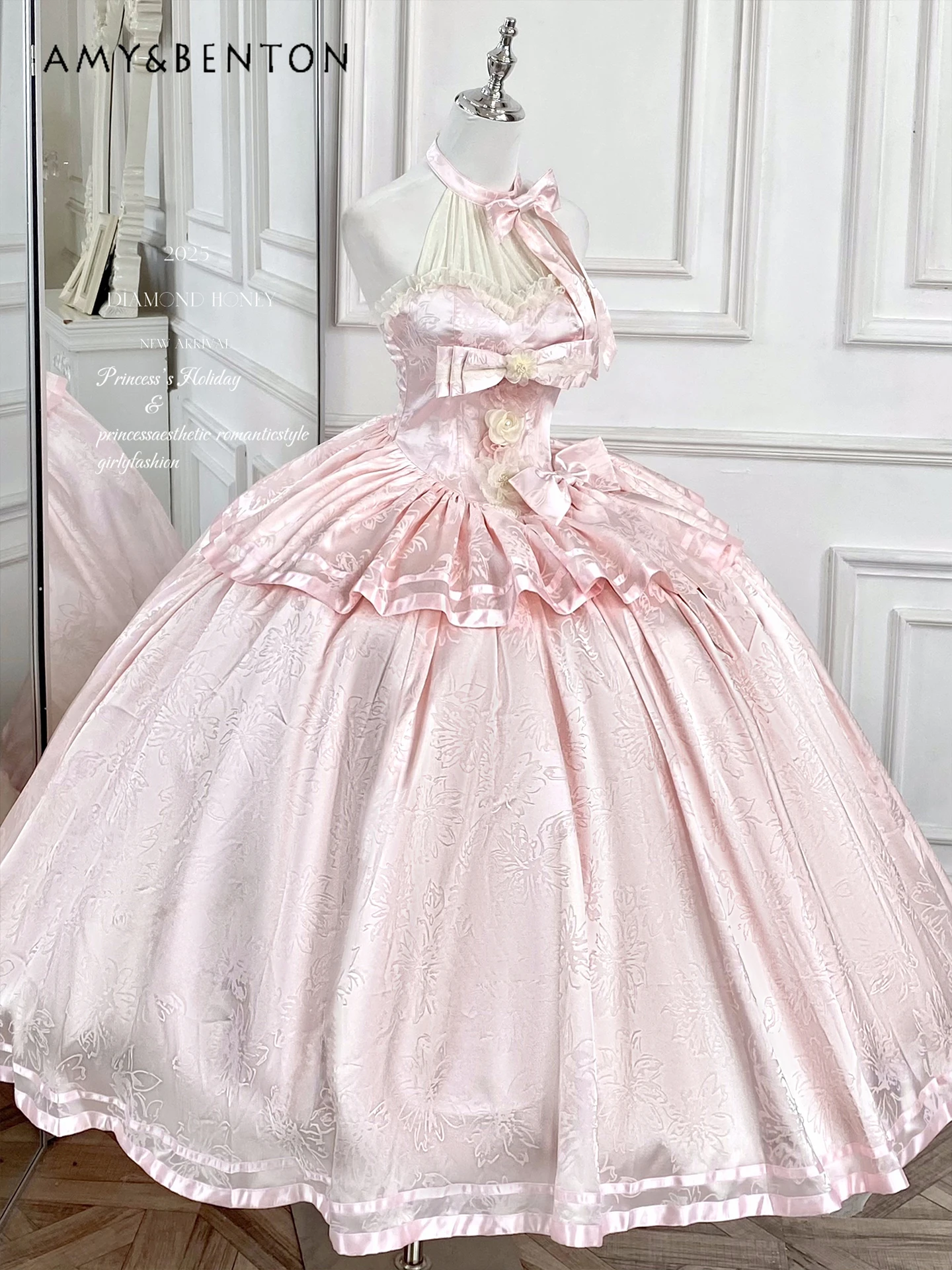 Vestidos de Noche de princesa elegantes y elegantes, vestido de cumpleaños para mujer, dulce Halter rosa, vestido romántico francés sin mangas de longitud media