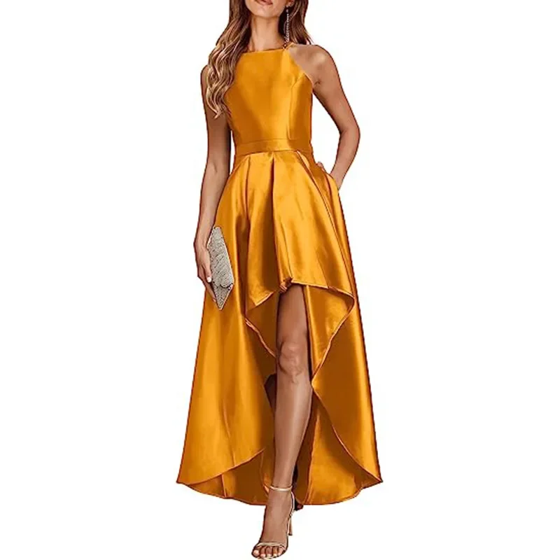 

High Low Sleeveless Prom Dresses Women Satin Halter A Line Formal Evening Gown Wedding Guest Party Cocktail Dress with Pockets